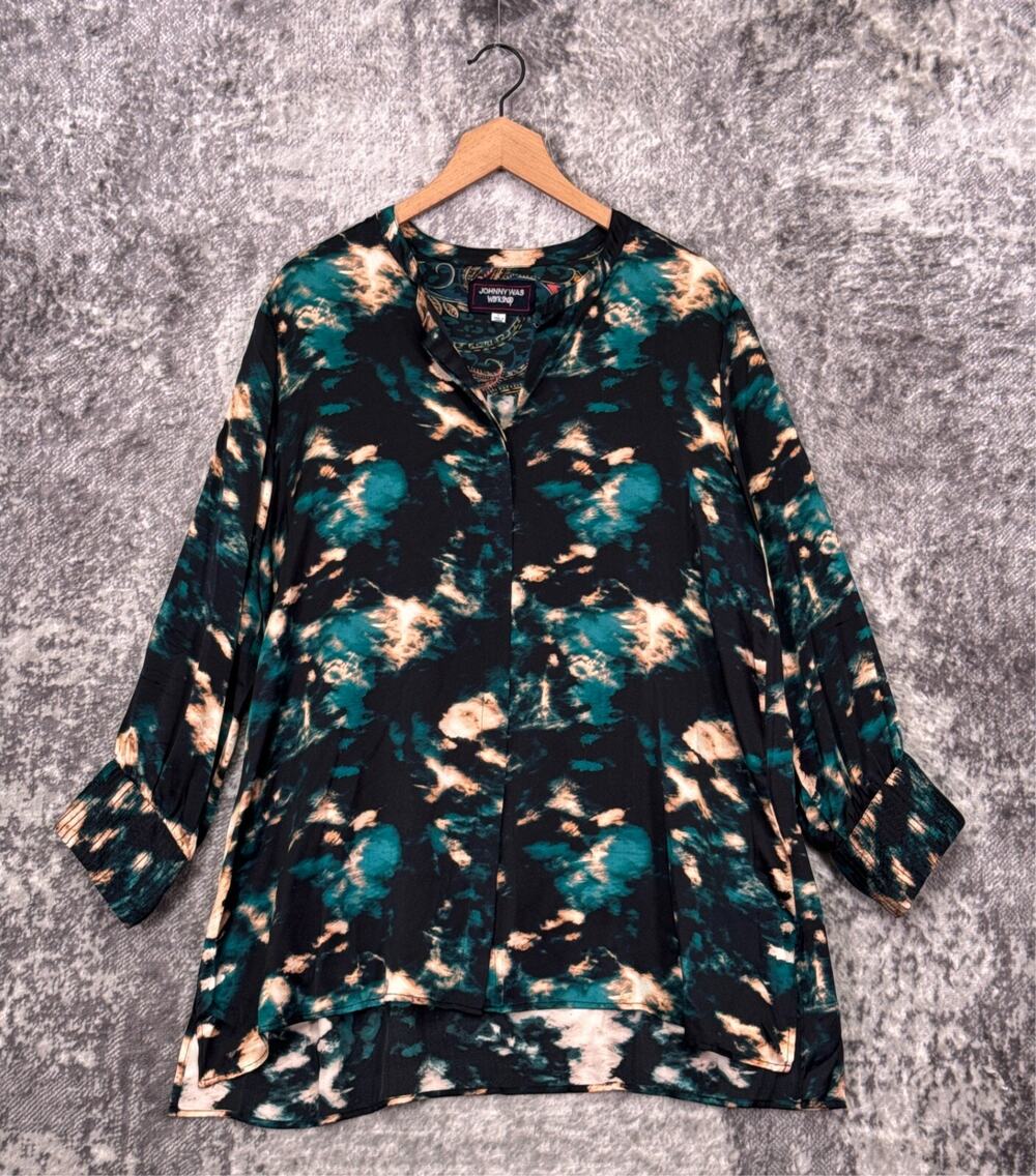 Johnny Was Tunic Top Large Womens Silk Abstract Art Long Sleeve Blouse